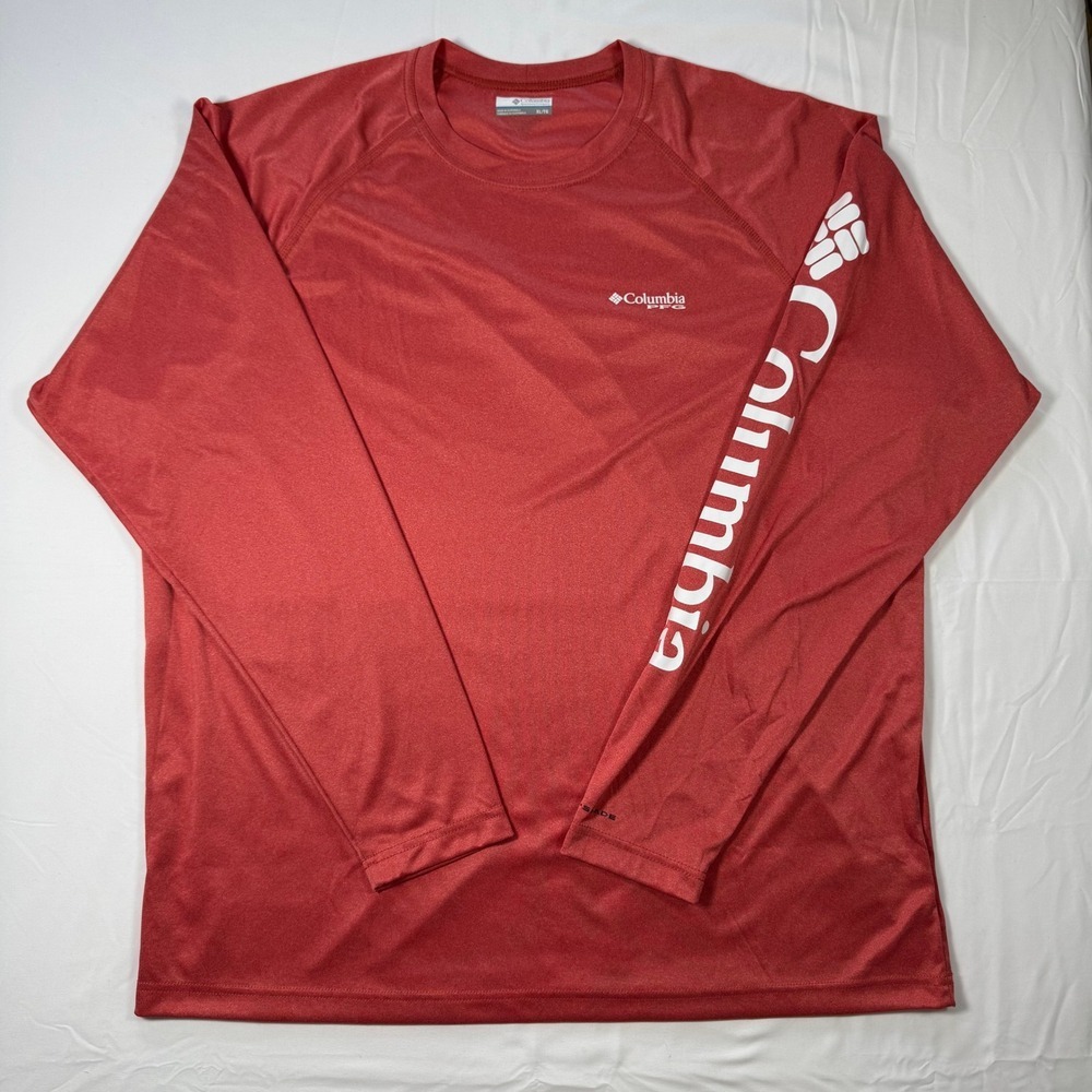Columbia PFG Mens XL Red Long Sleeve Performance Fishing Shirt Logo Graphic Tee